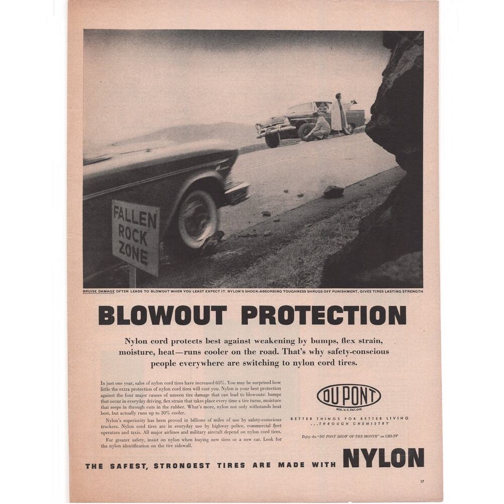 DuPont Nylon Magazine Advertisement Vintage 1958 Tires Blowout Car Automobilia